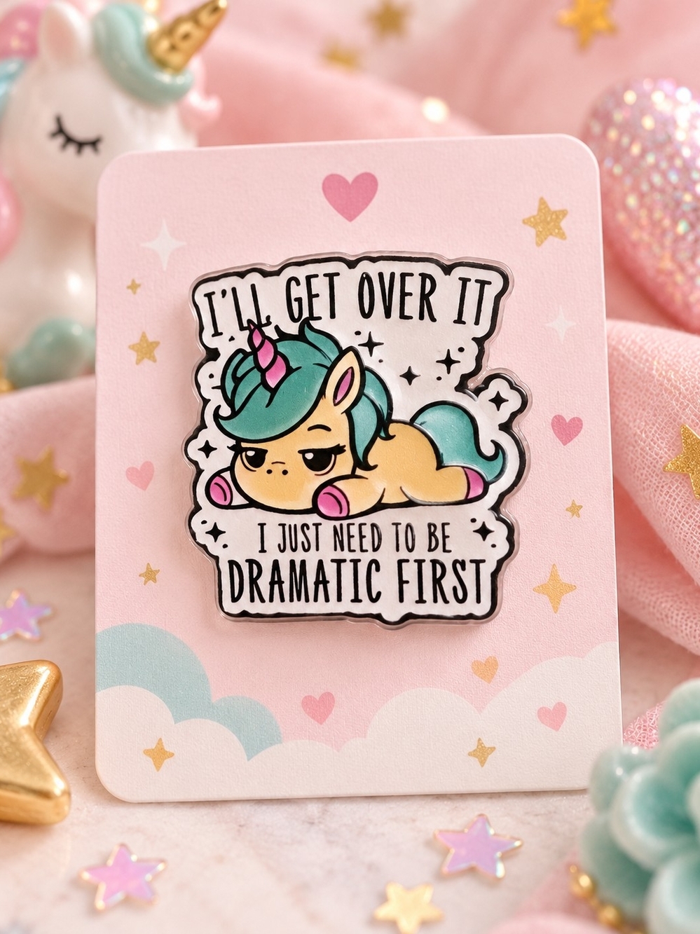 Pink Dramatic Unicorn Acrylic Pin
